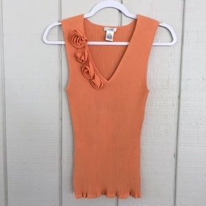 Cache Rib Knit Embellished Flowers Stretch Top